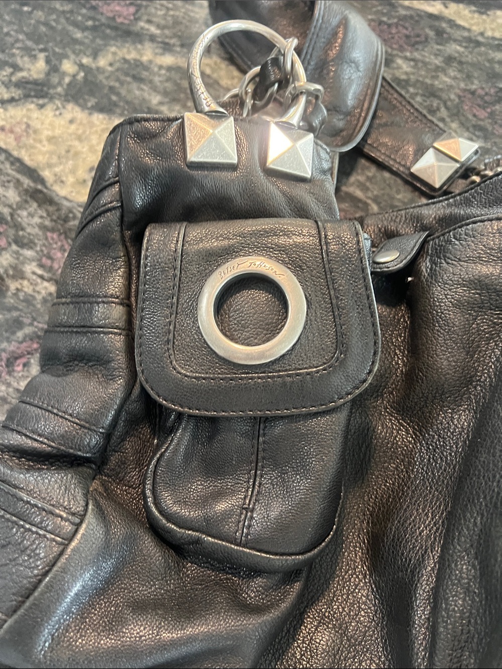 Betsey Johnson Black Leather Chain-Accent Shoulder Bag very heavy, thick leather - Picture 6 of 10